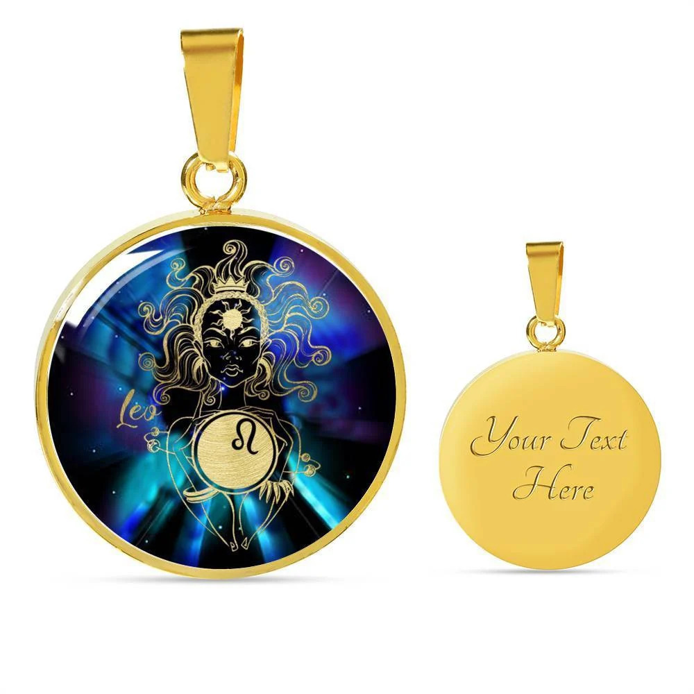 Leo Purple Galaxy Zodiac Personalized Engraved Gold Circle Necklace Custom Name